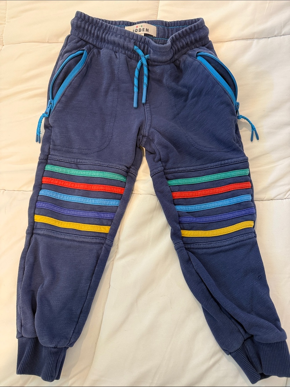 Mini Boden Blue Kids Jogger Pants with Colorful Stripe Accents